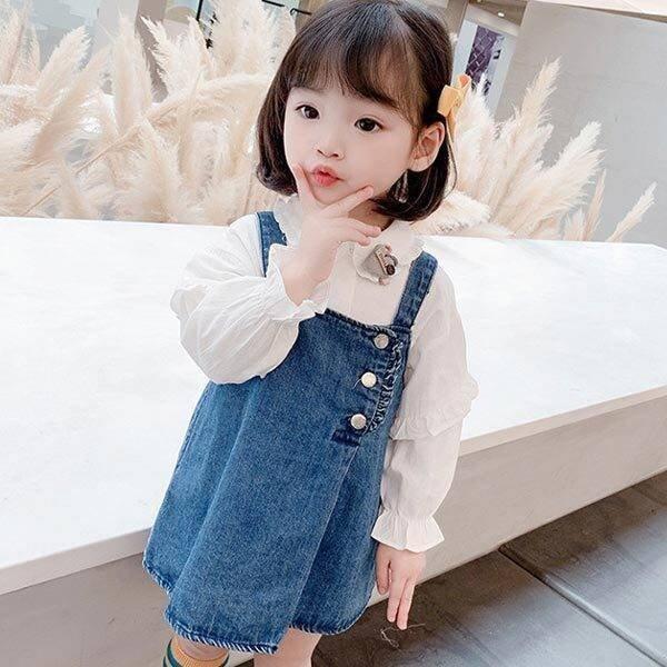 2022新作 キッズ 女の子 セットアップ ワンピース 110 100 90 120 かわいい シャツ サロペット セット 上下 デニム 秋 ブルー 80 春 130 ワッペン シャツ、ブラウス 女児90〜100ワンピース、サロペットセット