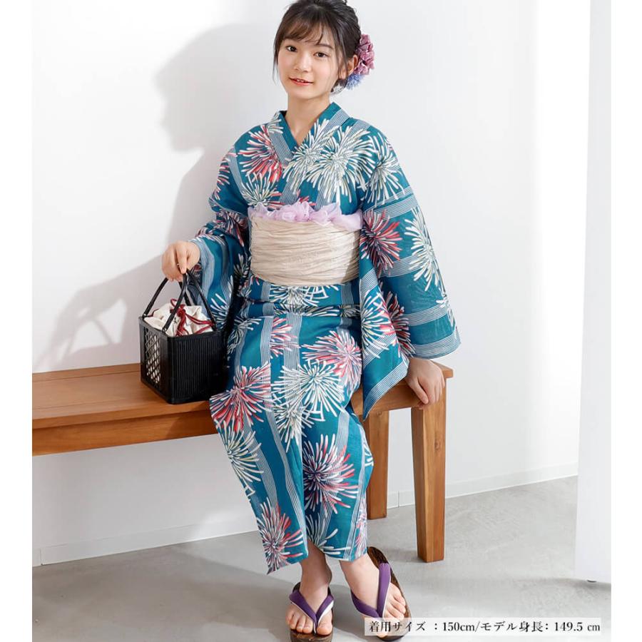 レトロ　キッズ　子供　浴衣　150cm　女の子　花柄　ネイビー　作り帯　赤 レトロ キッズ 子供 浴衣 ネイビー 花柄 150cm 作り帯 赤 兵児帯