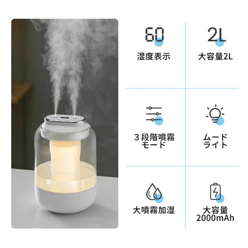 Makuake公式 大容量2L コードレス加湿器 乾燥知らずの快適空間 超音波