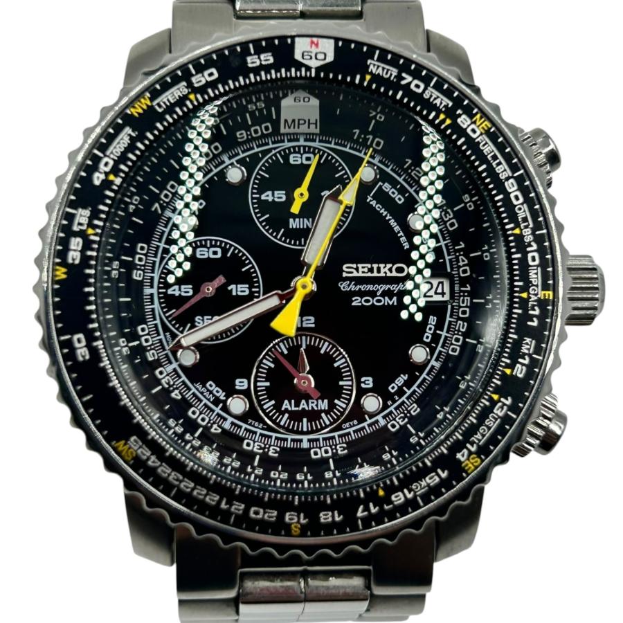 □SEIKO クロノグラフ アラーム 7T62-0EB0 200m防水 デイト ブラック