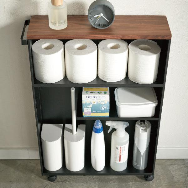 トイレ収納 おしゃれ スリム 省スペース トイレ収納棚 ラック キャスター 目隠し収納 大容量 ホワイト ブラック 北欧 ハンドル付きスリムトイレラック タワー_4