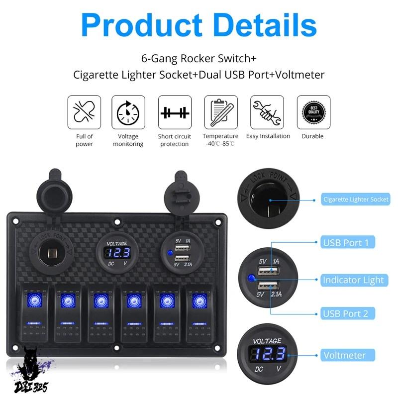 【互換品】 LEDディスプレイパネル デジタル電圧計 デュアルUSBアダプター ロッカー 6ギャング 12v 車船舶ボートアルミニウム 社外製 |  | 04