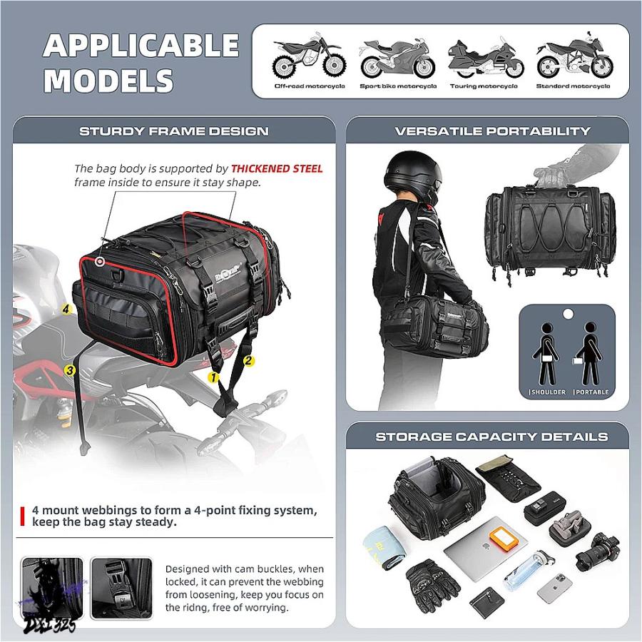 【互換品】 -防水バイクバッグ,大容量防水バッグ,リアシート用,旅行用荷物,2サイズ,19l-32l 40l-60l 社外製の画像