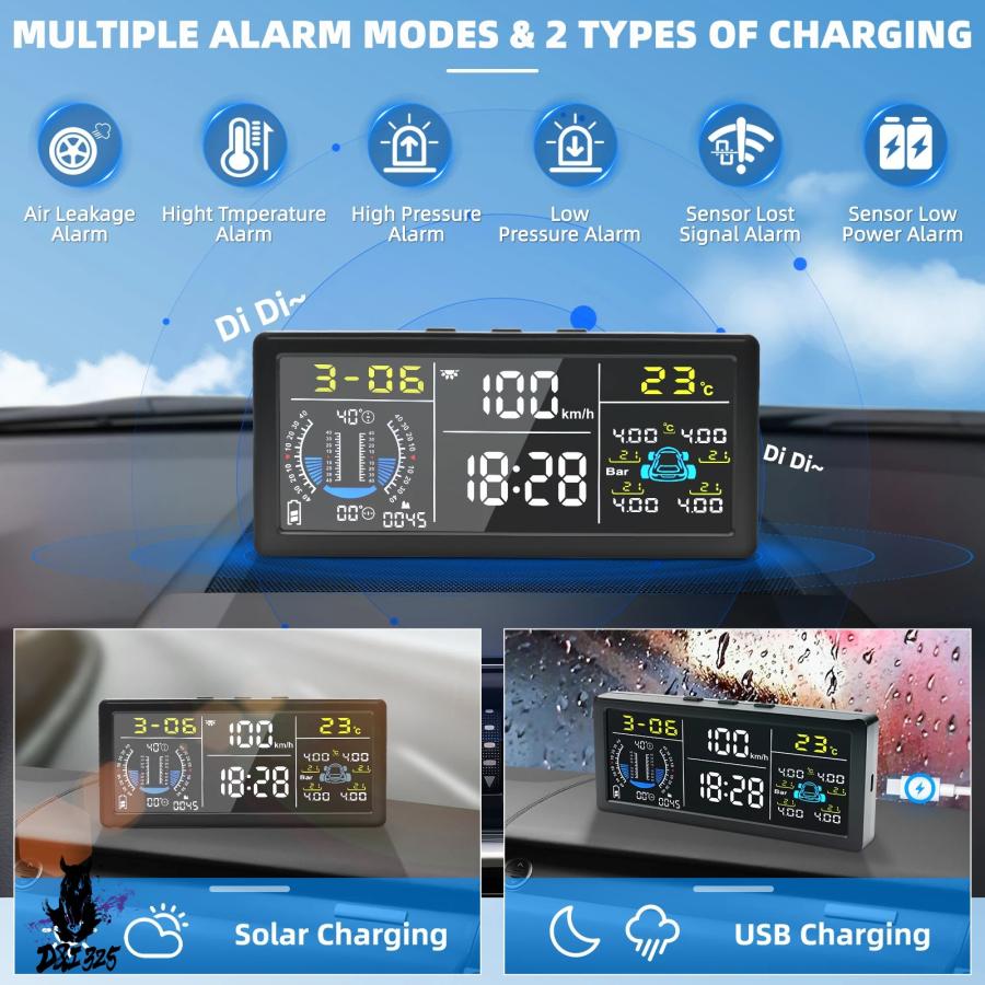 互換品】 タイヤエア圧モニターシステム多機能ソーラー TPMS 傾斜計