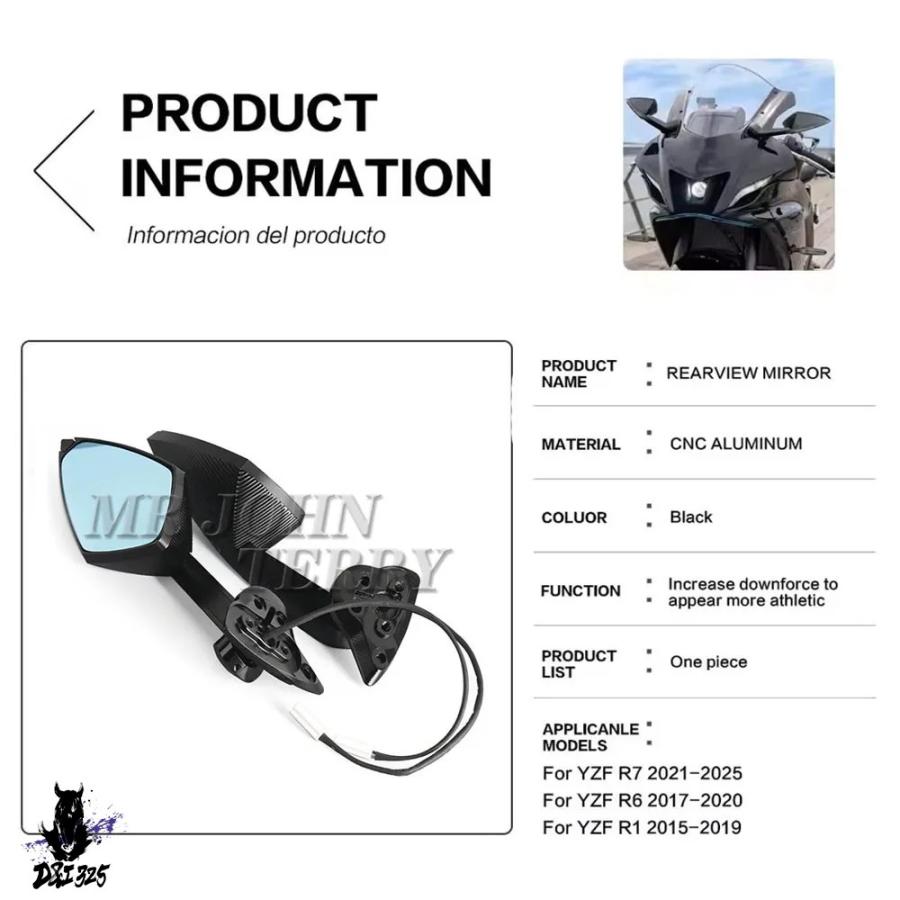 互換品  ヤマハ YZFR7 YZF-R7 21-25 YZF R6 17-20 YZF R1 15-19 バイクバックミラー リアビューミラー ウインカーライト YZF R7の画像