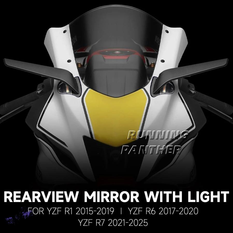互換品 ヤマハ YZF R7 2021-2025 YZF R6 17-20 YZF R1 15-19 バイクミラー風回転バックミラーライト