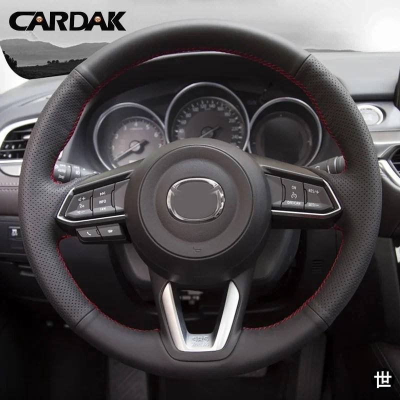 CARDAK ブラック人工革 手縫い カーステアリングホイールカバー マツダ