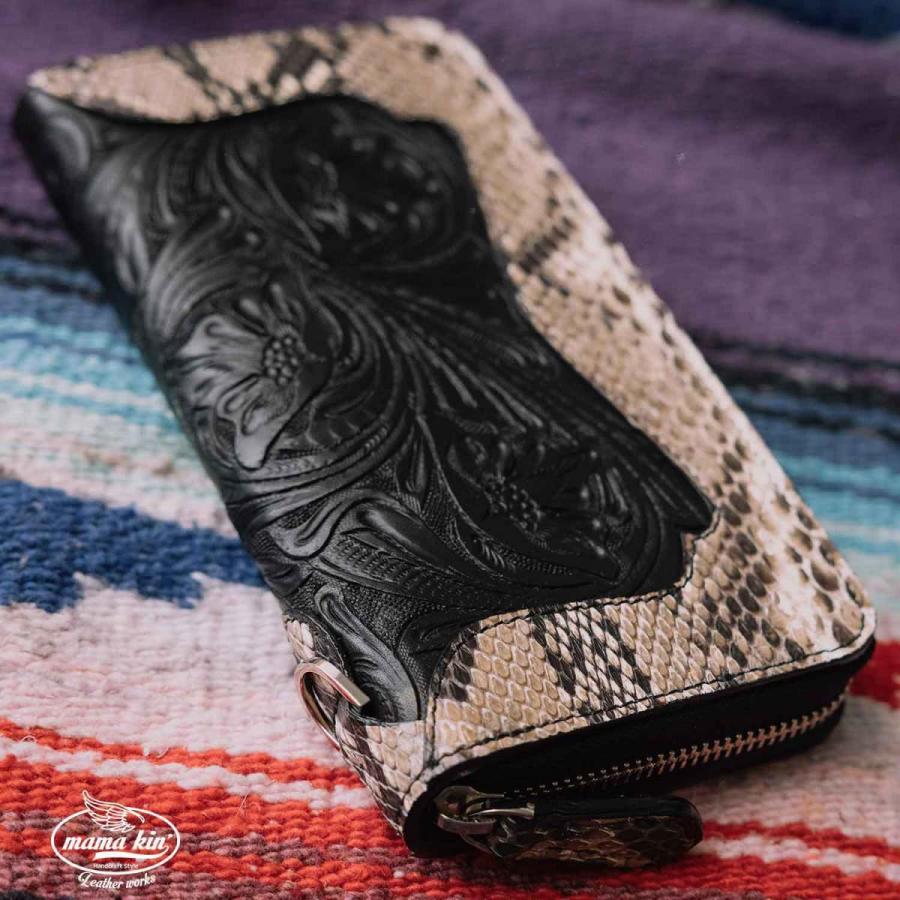 長財布 ラウンドファスナー パイソン レザーカービング ヌメ革 メンズ  