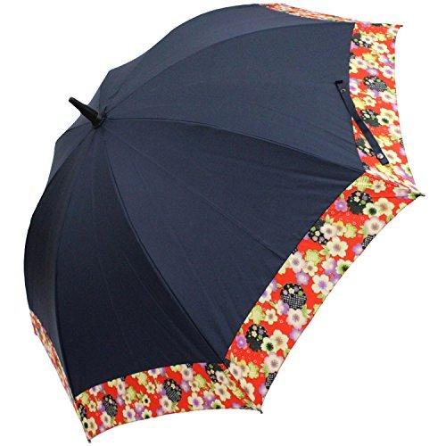 高い素材 扇風機付き傘 60cm 8本骨 桜柄が浮き出る傘 ネイビー×レッド 雨傘