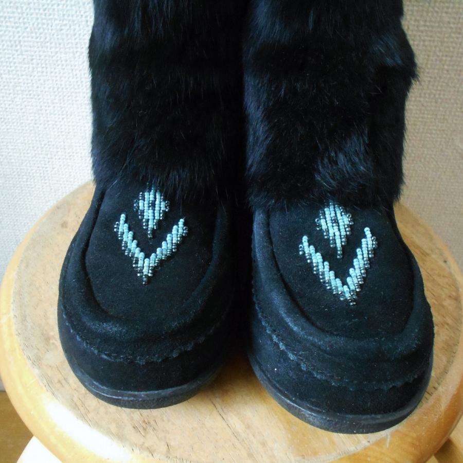 ムックス MUKS ラビット ファー × スウェード ブーツ黒 US6 カナダ製