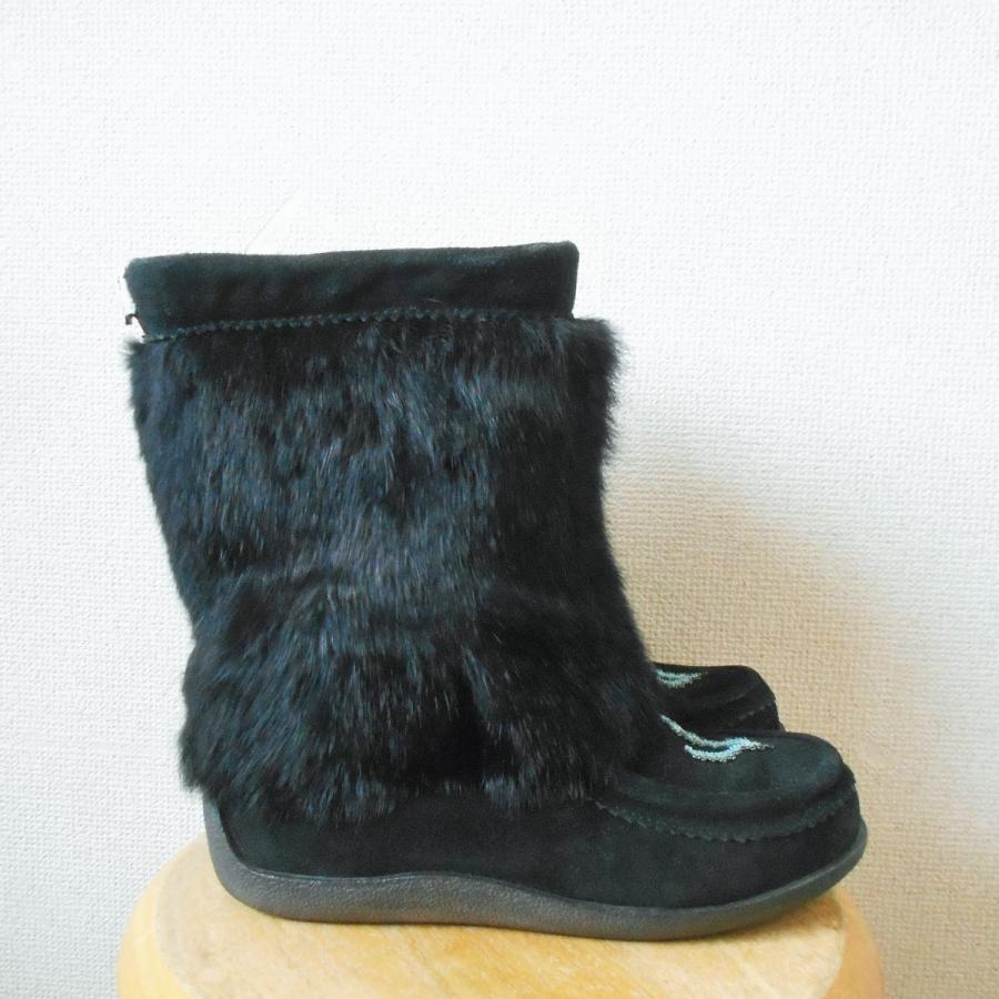 ムックス MUKS ラビット ファー × スウェード ブーツ黒 US6 カナダ製  