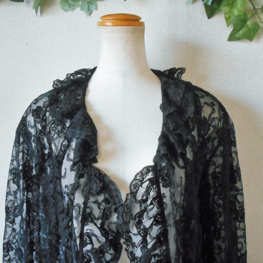 美品 インゲボルグ INGEBORG 花柄 入り 総 フランス レース 使用 フリル の 可愛い オーバー ブラウス 黒 日本製 INGEBORG 美品 インゲボルグ 花柄 入り 総 フランス レース 使用