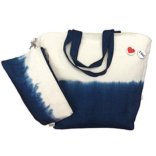 日本製 Tote Dye Dip (バッグオール) Bag-all Blue ボーチ付き ビーチバッグ 53cm x 43cm トートバッグ エコ、折りたたみバッグ