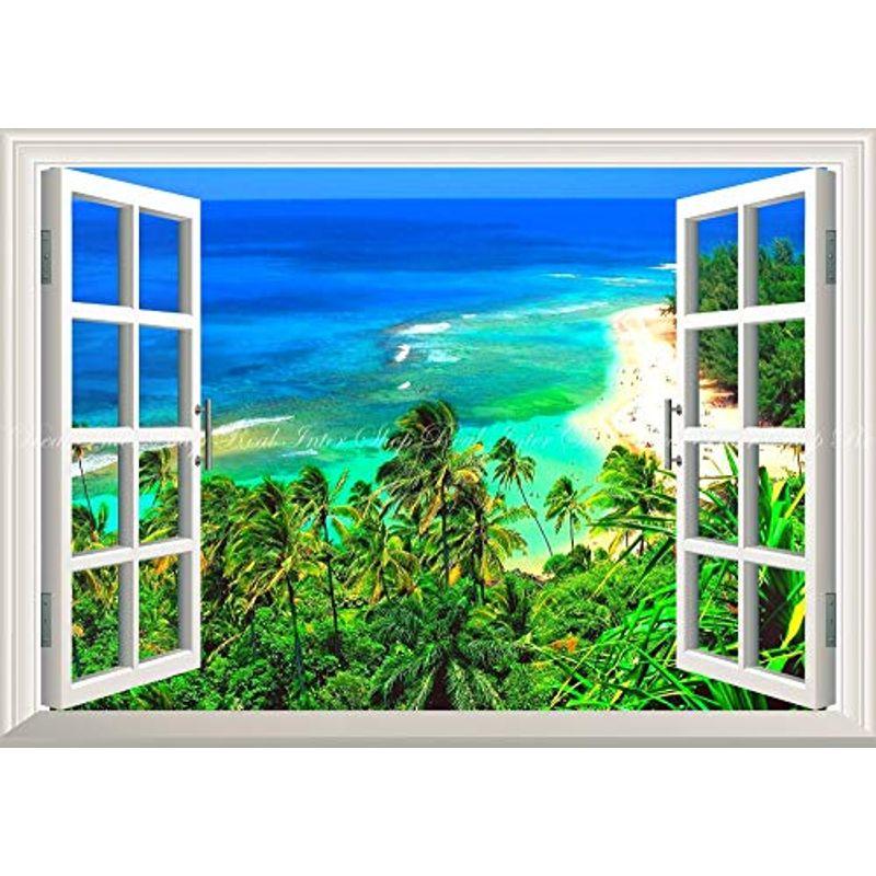 絵画風 ヤシの木 壁紙ポスター はがせるシール式 ビーチ 窓の景色 ハワイ マウイ島 ビーチ 住宅設備 海 砂浜 Mamarustore キャラク 窓仕様トリックアート ヤシの木 製造元限定特典