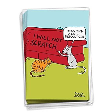 オリジナル  Cat Resoutions新しい年Funny (SKU:C45 Envelope & Cards Year New 12 Card Greeting ポストカード、絵葉書