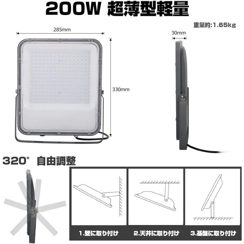 LED投光器　200Ｗ　2000W相当　高輝度　明るさ向上　昼光色　26000lm　超ハイパワー　長持ち　180°発光　超軽量　超薄　LED