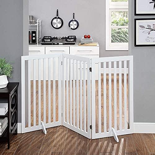 unipaws ハイタイプペットゲート置くだけ木製バリア、犬用フェンス 、白い 5cm 長さ152cm 3つのパネル 白い 高さ91