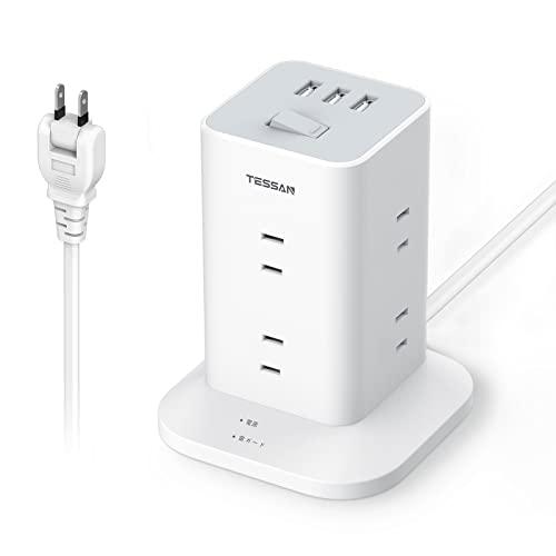 電源タップ タワー mini型 2m 延長コード 8個AC コンセント 3USBポート付き 180°スイングプラグ TESSAN テーブルタップ の商品画像