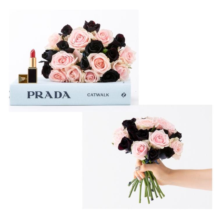 黒バラとピンクバラのフレンチスタイル花束 誕生日 ギフト に バラの