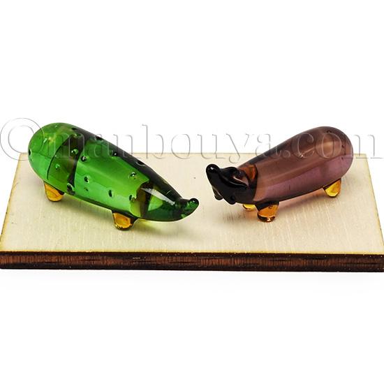 精霊馬 お盆飾り ガラス細工 ミニチュア きゅうり なす 木台