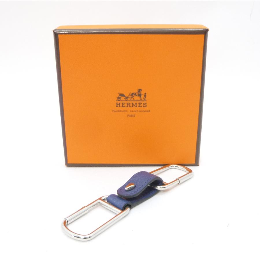 HERMES（エルメス） ダブルループ □L刻印 キーホルダー ブルー レザー