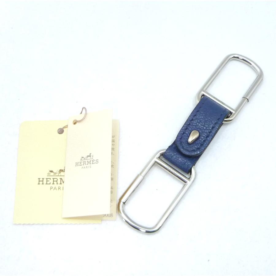 HERMES（エルメス） ダブルループ □L刻印 キーホルダー ブルー レザー