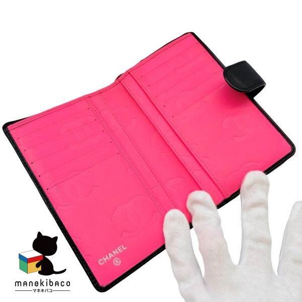 CHANEL（シャネル） カンボン 二つ折財布 黒 ピンク エナメルココ