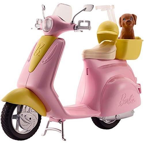 バービー Barbie バービーのスクーター ピンクと黄色のデザイン ペットも一緒 バービー用黄色の