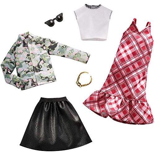 バービー Barbie ファッション 2つのアクセサリー 洋服　チェック柄のドレス 白のトップスと黒の