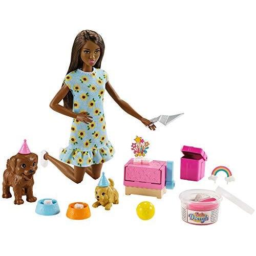 バービー バービー人形 GXV76 Barbie Puppy Party Doll and Playset， Brunette Doll with Sunflower Dress，
