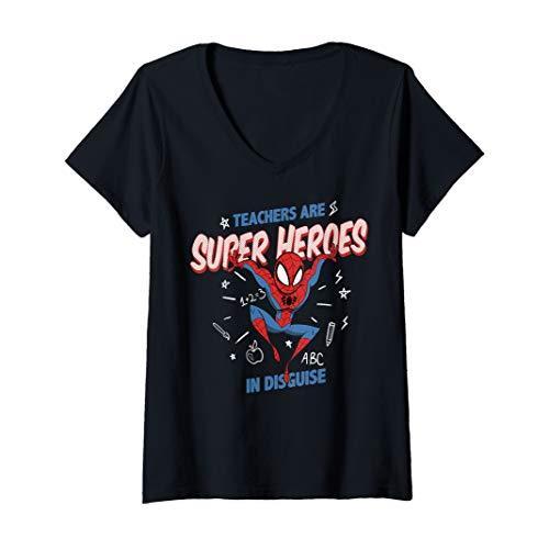 マーベル Marvel 先生は変身したスーパーヒーローです キャプテンマーベル 半袖Tシャツ Vネック