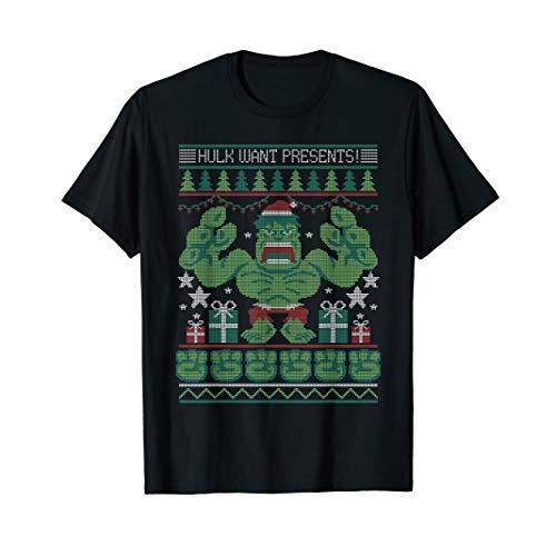 Tシャツ キャラクター ファッション YDDPAT373FE Marvel Hulk Wants Presents Holiday Sweater T-Shir｜maniacs-shop