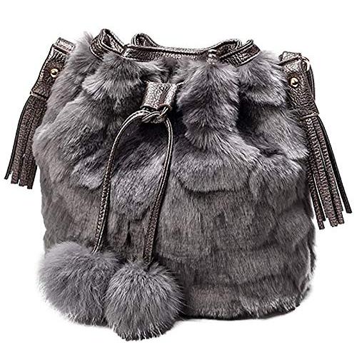 QZUnique ハンドバッグ カバン QZUnique Faux Fur Bucket Handbag Women's Drawstring Fur Crossbody Bag Sh