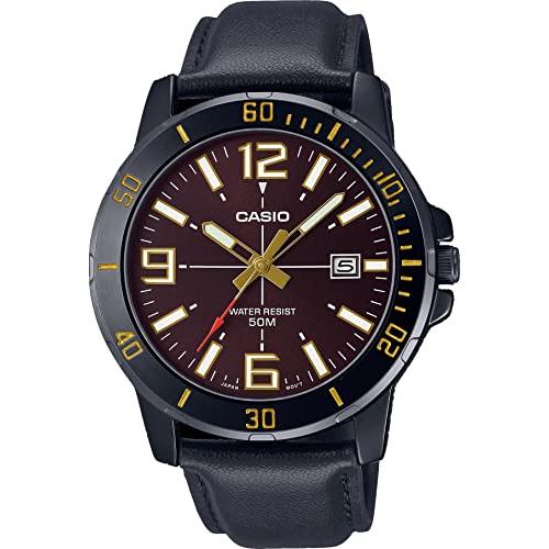 腕時計 カシオ メンズ MTP-VD01BL-5BV Casio MTP-VD01BL-5BV Men's Enticer Black IP Leather Band Brown Di｜maniacs-shop