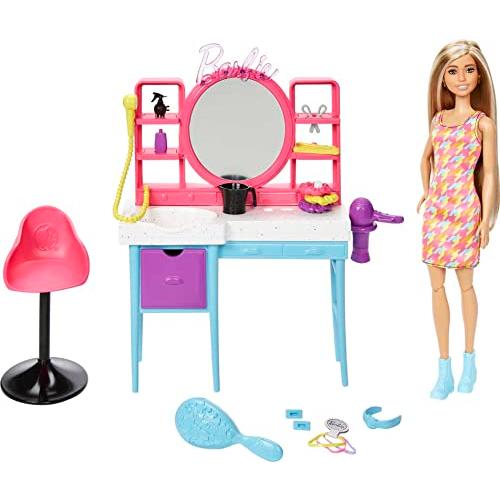 バービー バービー人形 HKV00 Barbie Doll \u0026 Hair Salon Playset with 15 Styling Accessories \u0026 Furniture