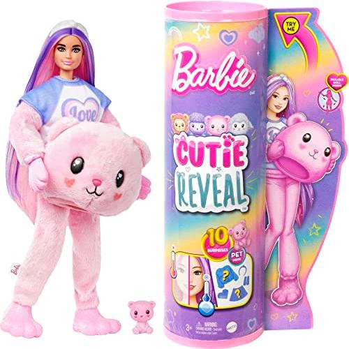バービー バービー人形 HKR04 Barbie Cutie Reveal Doll with Pink Hair & Teddy Bear Costume， 10 Suprise