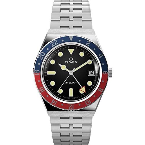 腕時計 タイメックス メンズ TW2V38000VQ Timex Men's Q GMT 38mm Watch - Black Dial Stainless Steel C｜maniacs-shop
