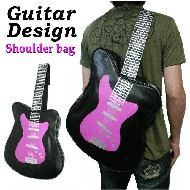ギターデザイン ギター柄ギター型 ロック デザイン 黒×ピンク ショルダーバッグ バックアメカジ 通学 通勤 レジャー 旅行 黒 PVC合皮