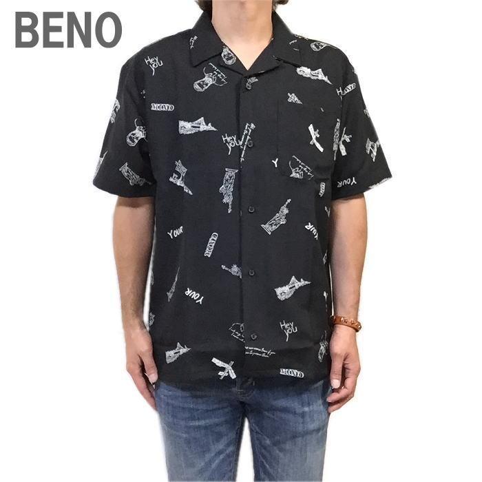 Beno 総柄 アメリカン グラフィック オープン カラー 半袖シャツ ポリシャツ ワンポケット レトロ ペイントタッチ 自由の女神 ...