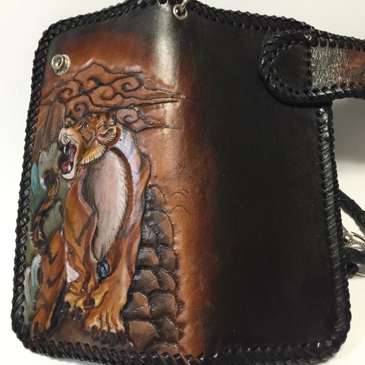 ハンドメイド レザー カービング長財布 和柄 虎 岩場の虎 レザー