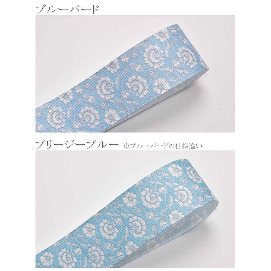 プリントリボン カントリーフラワーの水色リボン 幅38mm 1m単位