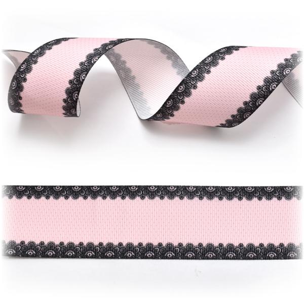 プリントリボン ピンク地にブラックのゴシックレースリボン 幅38mm 1m