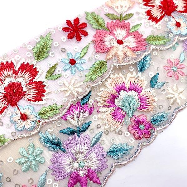 インド刺繍リボン スパンコール付涼風の花柄とメッシュの刺繍リボン 幅