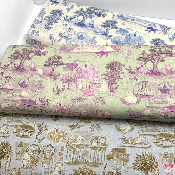 22fabric キャットガーデン Aブルー×キナリ系 綿麻シーチング生地