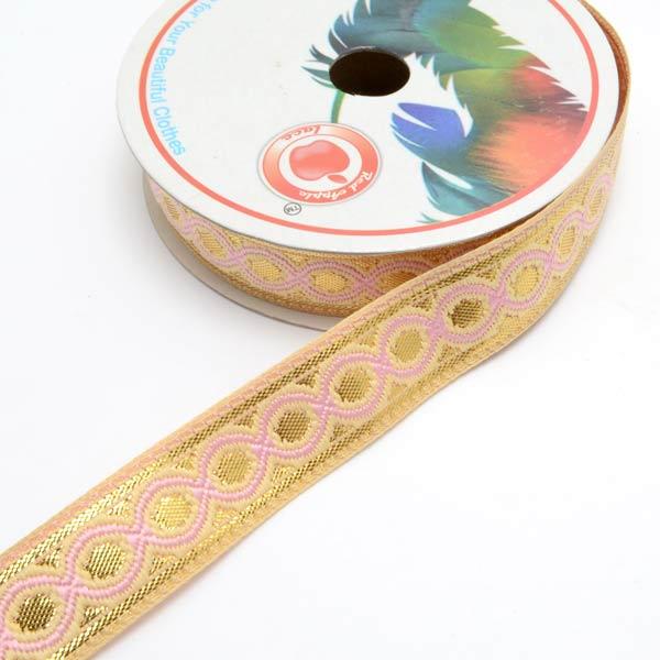 インド刺繍リボン 金とピンクのチェーン風刺繍リボン 幅22mm 1m単位