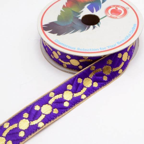 インド刺繍リボン 紫と金のドットチェーン刺繍リボン 幅22mm 1m単位
