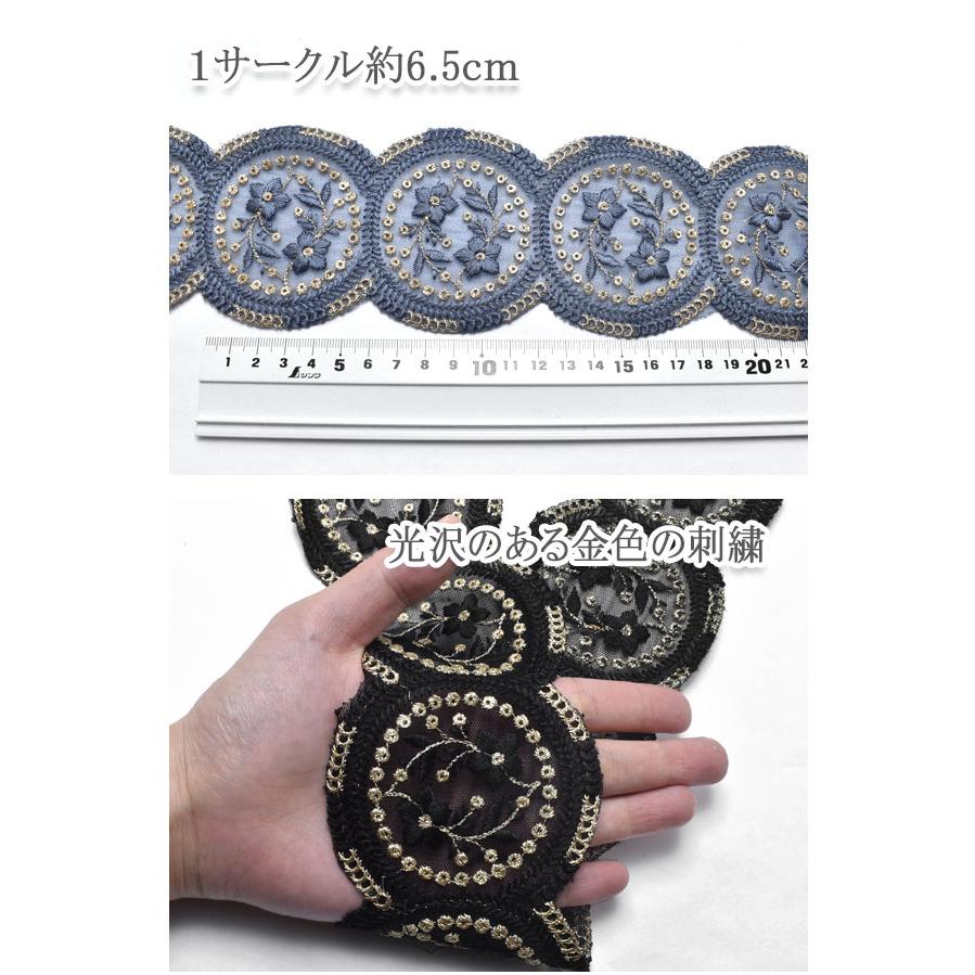 インド刺繍リボン サークル縁取りモチーフと小花のメッシュ刺繍 インド刺繍リボン サークル縁取りモチーフと小花のメッシュ刺繍