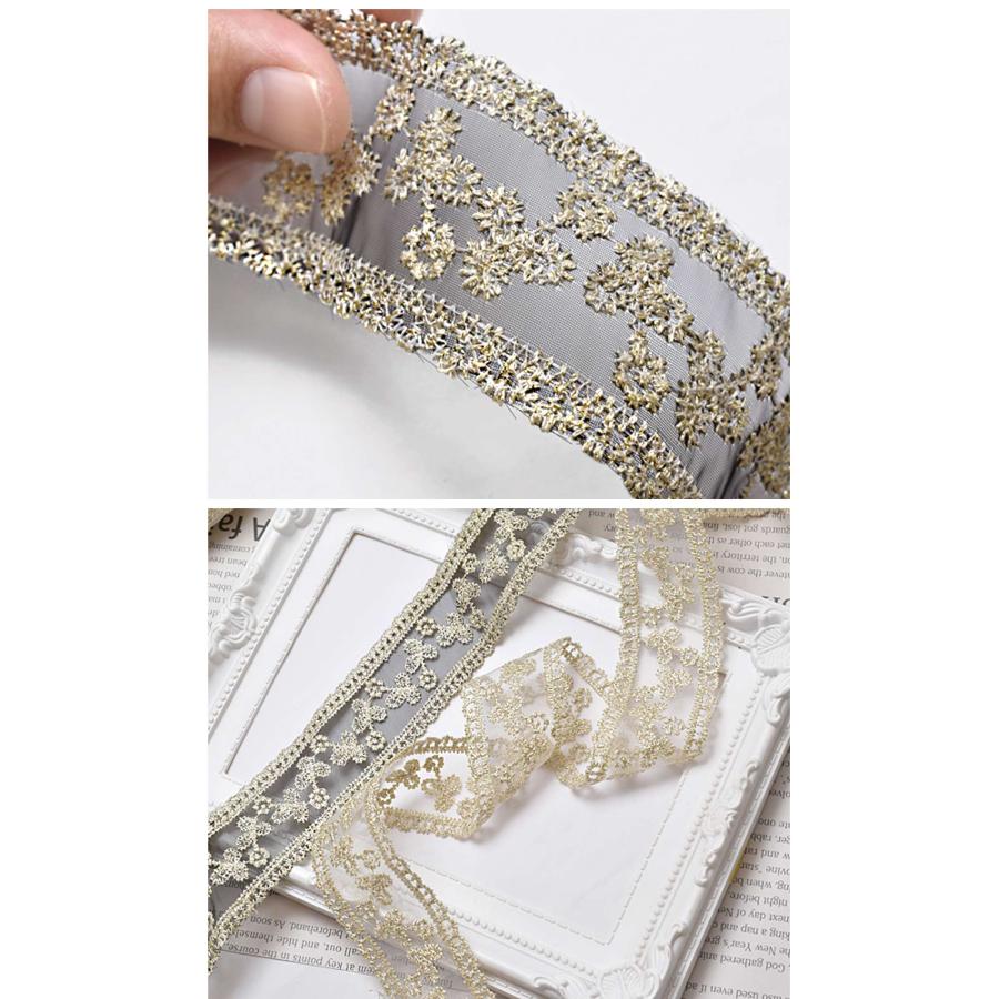 サテンリボン花刺繍ボックス　レース　フランスアンティーク　箱　メルスリー　金糸 チュールにゴールドの小花刺繍レースリボン 幅40mm 1m単位
