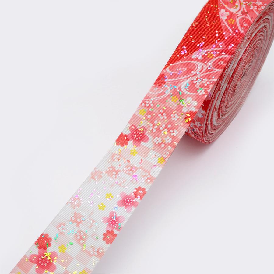 プリントリボン 箔押し赤い山と桜とチェックリボン 幅38mm 1m単位