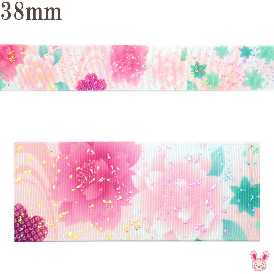 プリントリボン 箔押し水面の蓮の花リボン 幅38mm 1m単位 切り売り (2m